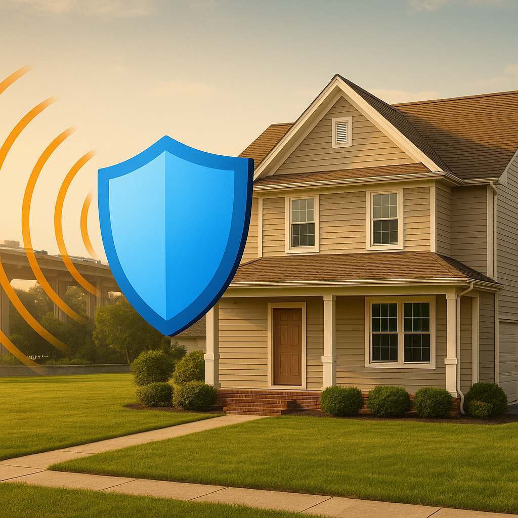 A suburban Staten Island home with a large blue shield graphic blocking orange sound waves